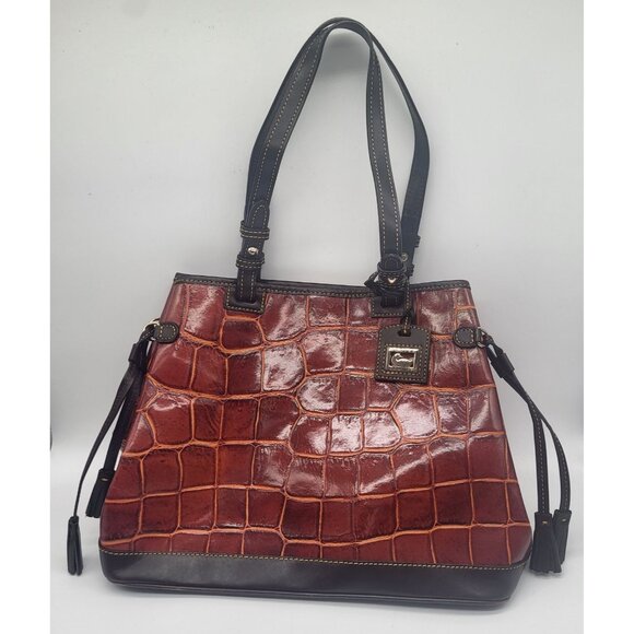 Dooney & Bourke Handbags - Dooney & Bourke Croco Embossed Leather Double Strap Tassel Bag Cognac